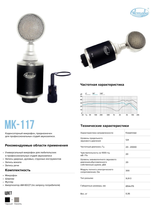 Технические характеристики микрофона Октава МК-117 Технические характеристики микрофона Октава МК-117